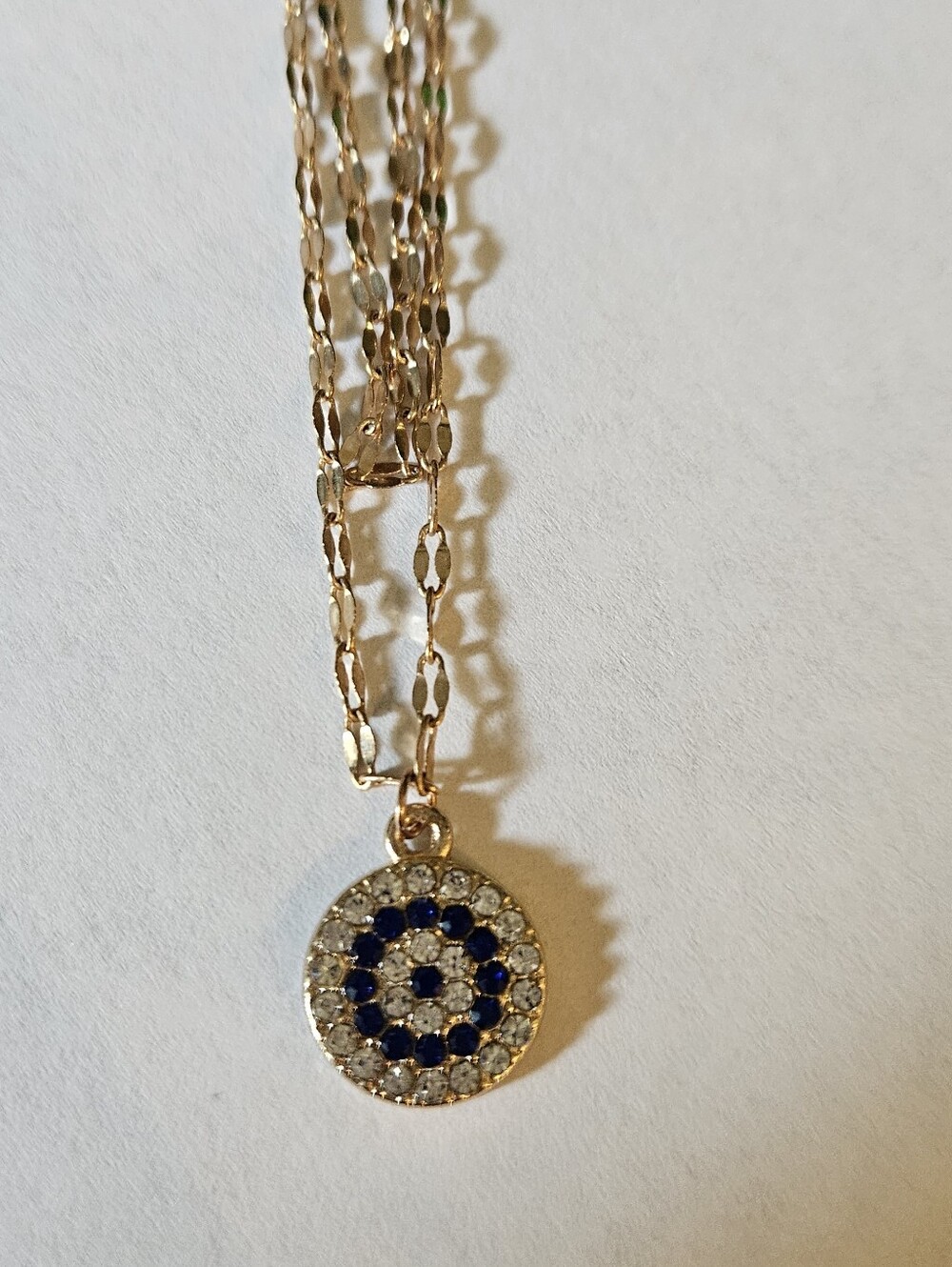 Evil Eye Crystal Rhinestone Necklace Blue White Gold Tone